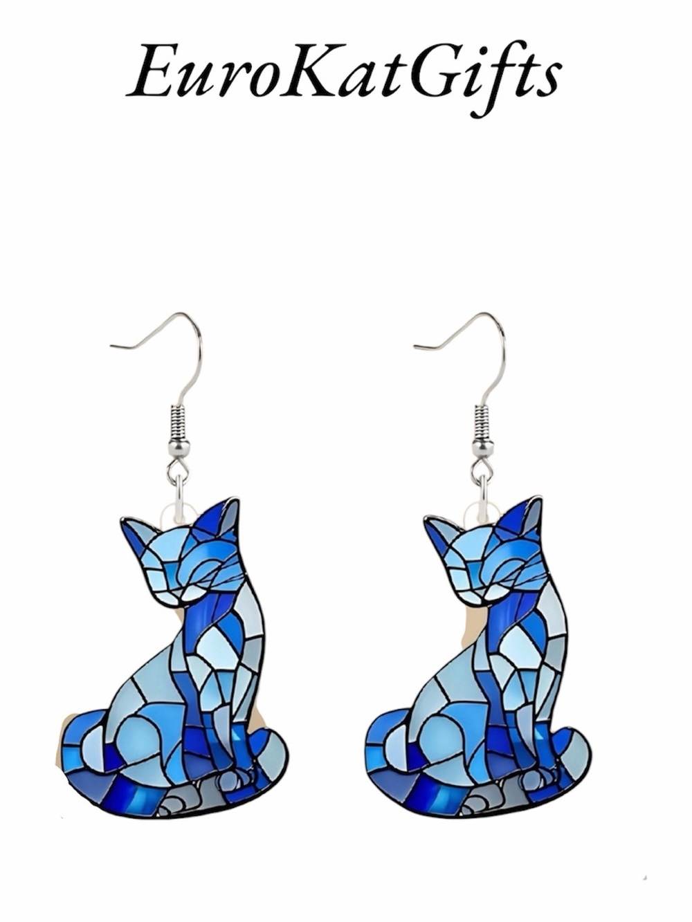 Blue Stained Glass Cat Earrings - Double-Sided Acrylic NEW NWT